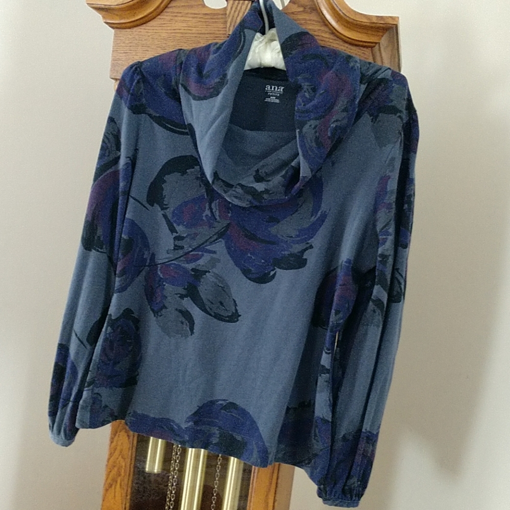 A.N.A. Cowl Neck Gray/Purple Jersey Knit Top PM